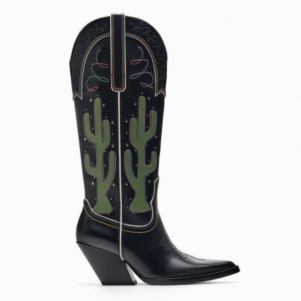 ZARA CONTRASTING KNEE HIGH CACTUS COWBOY BOOTS - Picture 2 of 13